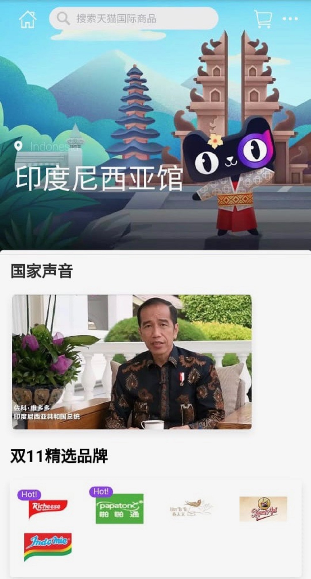 印尼總統佐科‧維多多(Joko Widodo)通過視頻向天貓國際印尼國家館發來祝賀，並向嘉賓們推介印尼的優質產品。